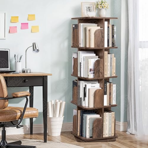 Image of ABOUT SPACE Rotating Book Shelf for Home Library - 4 Tier 360 Book Rack | Wooden Square Bookstand with Partition Curved Edges, Bottom Turnplate for Office Livingroom (Walnut - L 40 x B 40 x H 130cm)