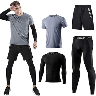 Sponsored Ad – Men's Sports Running Set (4 or 5 Pack), Athletic Shirt + Shorts/Compression Shirt + Trousers with Coat, Tra...