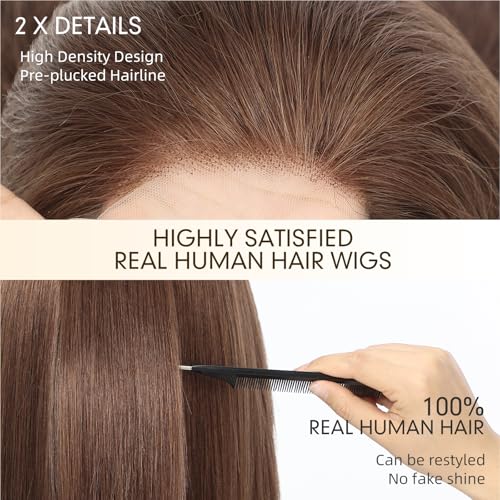 Image of KKU 100% Human Hair Lace Front Wig for Women- Pre-Plucked Natural Hairline, Side Part Brown Wig, 14 Inch, Soft & Natural Hair for Daily Use