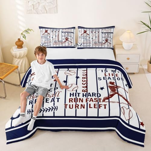 Image of Feelyou Personalized Baseball Comforter Set King Size Eat Sleep Baseball Bedding Set for Kids Boys Girls Sports Game Duvet Quilt White and Navy Blue Bedroom Decor 3 Pcs with 2 Pillow Cases