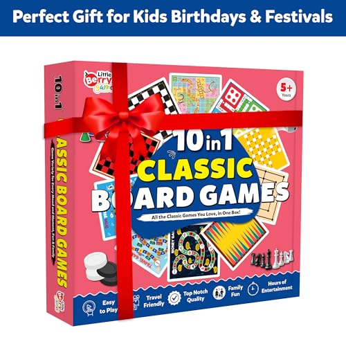Image of 10 in 1 Classic Board Games Set for Kids & Family | Includes Ludo, Chess, Snakes & Ladders, Checkers, Backgammon & More | Indoor Strategy Games, Fun Educational Gift for 5+ Years