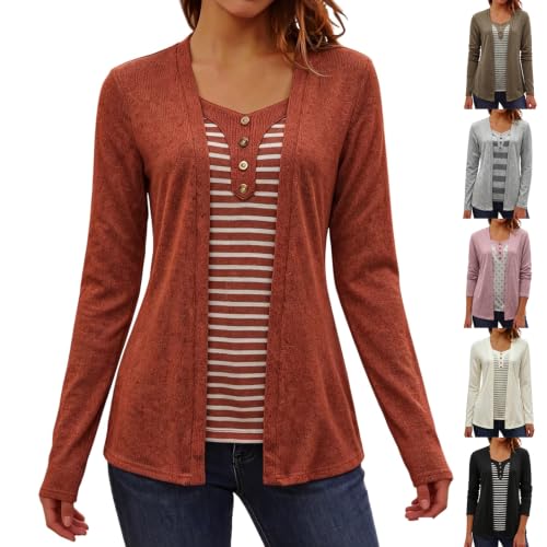 Long Sleeve Tops for Women Trendy Striped Layered 2 in 1 Button Down Shirt - image 1