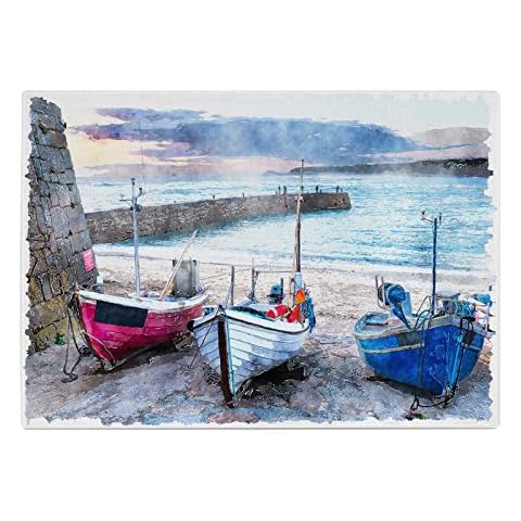 Boat Sea Harbour Blue Glass Chopping Board Cover
