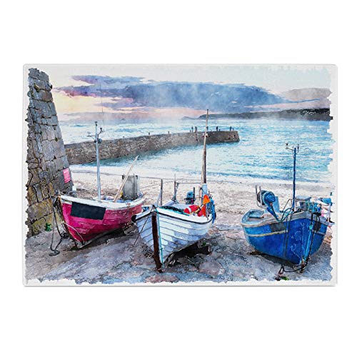 Boat Sea Harbour Blue Kitchen Worktop Protector Saver Glass Chopping Board