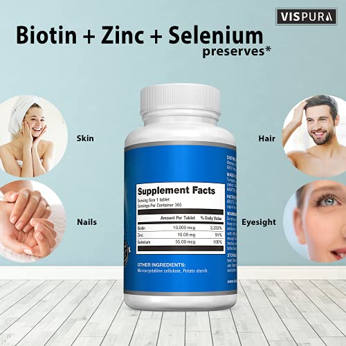 Biotin 10000 Mcg + Zinc + Selenium, Pure, Vegan & Extra Strong, Best Supplement For Hair Growth, Glowing Skin, Strong Nails*, 365 Tablets For 12 Months, Natural Without Additives #TOP3