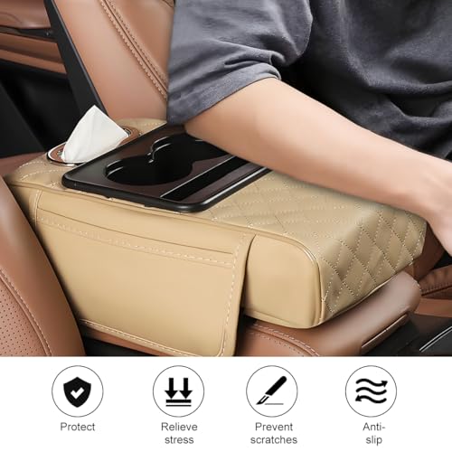 Image of Car Armrest Cushion, 5-in-1 Nappa Leather Vehicle Centre Console Cover with 2 Storage Pockets, Cup Phone & Phone Holder, Multifunctional Auto Organiser Accessories, Universal Fit (Beige)