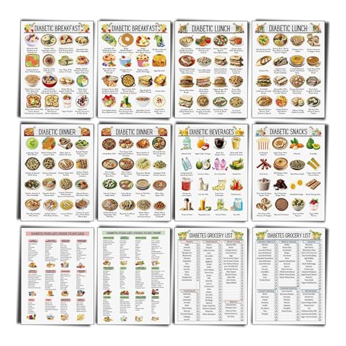 12Pcs Diabete Food List Chart & Meal Planner for Diabetics Dietary Reference Sheets Diabete Diet Plan 8x10Inch Diabetic Diet Chart