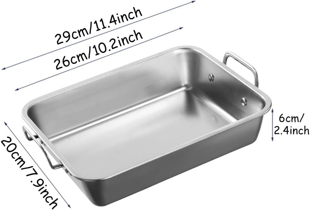Rectangle Stainless Steel Paella Pan, Deep Seafood Pan with Double Handles Nonstick Serving Skillet Pot Uncoated Roasting Pans for Home Kitchen Cookware, Dishwasher Safe,Silver,10inch