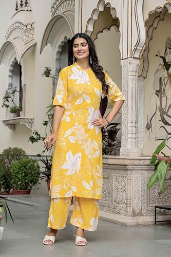 Image of Women's Floral Print Rayon Kurta Palazzo, Round Neck Half Sleeve, Regular Fit, Ethnic Casual Wear