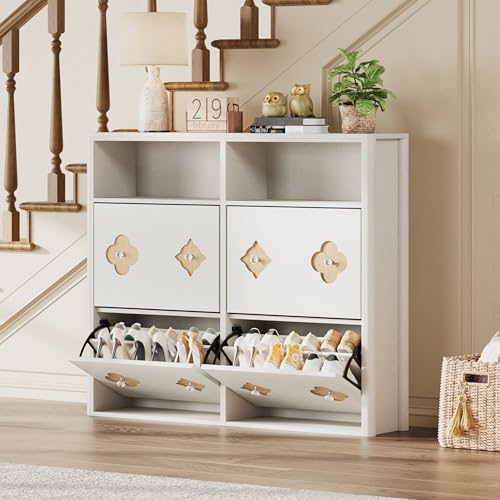 Image of GarveeHome Shoe Cabinet with 4 Flip Drawers, Narrow Wood Shoe Organizer Cabinet with Floral Pattern, Freestanding Slim Shoe Rack Cabinet with Adjustable Shelves & Open Storage, for Entryway, White