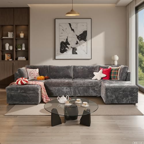 Image of ovios Modular Sectional Sofa Couch with U-Shape Chaise Ottomans, Comfy Plush Corduroy Cloud Couches, Modern Luxury Deep Seat Sofas Set for Living Room, 6-Seater, Grey