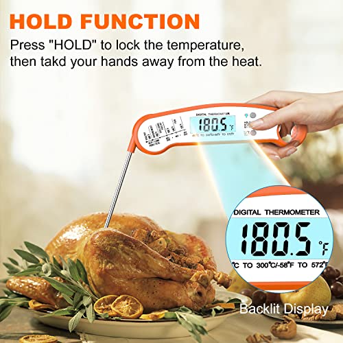 Instant Read Meat Thermometer Digital With Probe,Bestcrof Food Thermometer For Cooking&Grilling,Waterproof Grill Thermometer With Backlight&Calibration For Baking,Liquids,Candy&Air Fryer(Orange/White) #TOP3