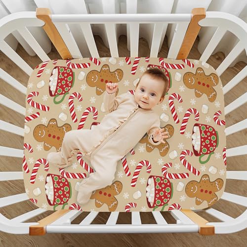 Image of Cute Christmas Gingerbread Man Crib Sheets Soft Breathable Fitted Baby Crib Sheets Mattress Cover for Girl Boys, 52 inch x 28 inch x 9 inch