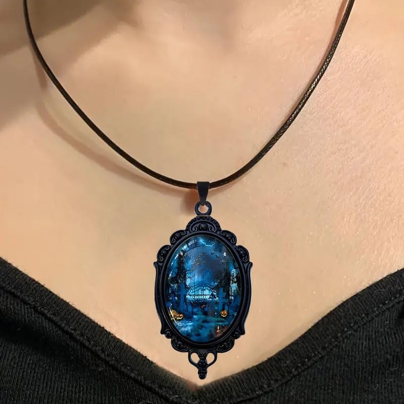 coadipress Gothic Castle Earrings Necklace Set for Women Vintage Cameo Glass Punk Style Victorian Earrings and Necklace Goth Raven Cabochon Mystic Witch Halloween Jewelry - Image 5