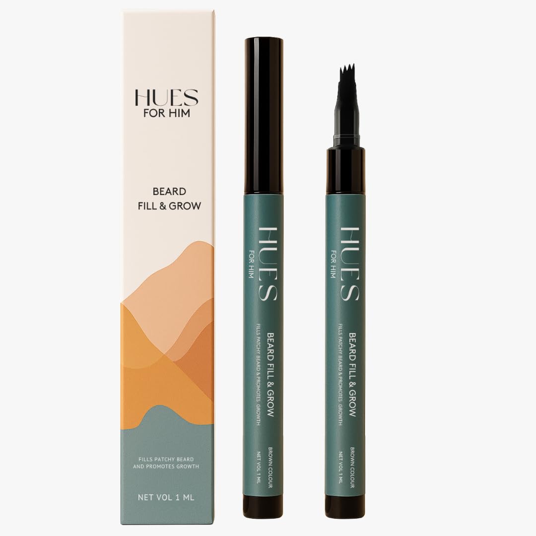 Hues for Him Fill & Grow | Beard Filler for Men with Growth Extract | Waterproof, Smudge-Proof, Long-Lasting | Natural Look | Patchy Beard Solution (Brown)