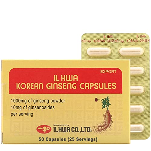 ILHWA Ginseng Powder Capsule (50 Capsules, 25 Servings) - 1000mg of 100% Korean Panax Root Powder, 10mg of Ginsenoside Per Serving