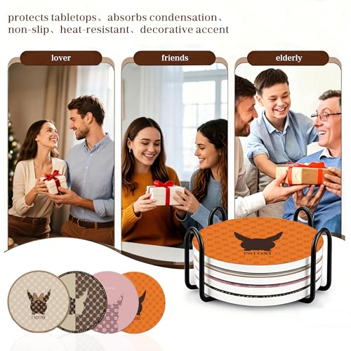 Light Luxury Cat Monogram Ceramic Absorbent Coasters with Metal Holder 4 Pack for Home Office Desktop Decoration, Round, Pink by Generic - Image 6