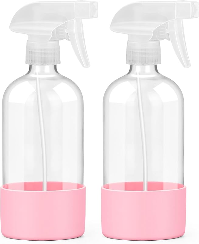 Frascos borrifadores de vidro Worldgsb com capa de silicone, 473 mL, rosa, Pacote com 2