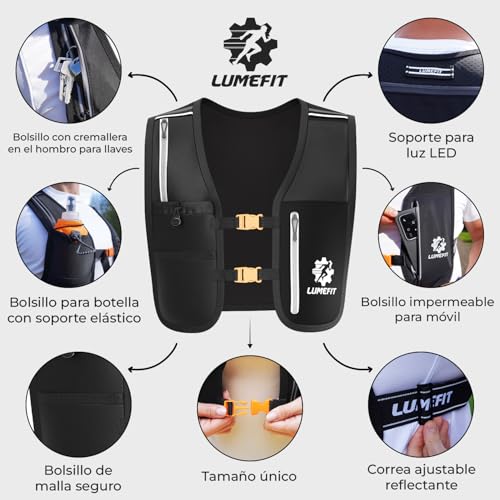 LUMEFIT Chaleco Running Mochila Hidratacion Trail Running con Soporte para Teléfono - 6 Bolsillos y Botella 500ml, Reflectante - Ideal para Senderismo, Maratón, Escalada - para Hombres y Mujeres - imagen 2