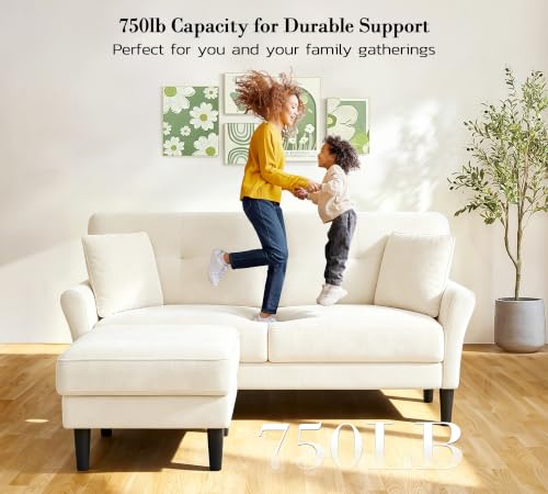 Image of Kidirect Small Sectional Couch, 69 inch L Shaped Couch, Sectional Sofa, White | Comfy Velvet Couch, Tool-Free Setup, 750lb Max Load, Movable Ottoman, Ideal for Living Room, Bedroom, Apartment, Office