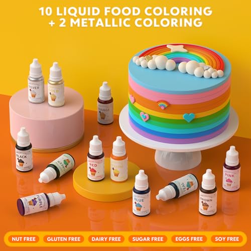 12 Food Coloring Set,10 Colors Vibrant Food Dye & 2 Edible Metallic Gold Paint Food Grade Tasteless Liquid Baking Food Coloring for Cake Fondant Icing Making DIY Supplies Kit - 0.35 Fl. oz/Bottles