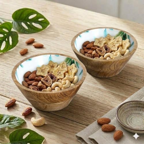 Image of SAAGA Mango Wood Nuts Bowl Set of 2-6 x 3 Inch Decorative Wooden Snack & Dry Fruit Bowls | Soup Serving Katori for Kitchen & Dining - White & Aquamarine