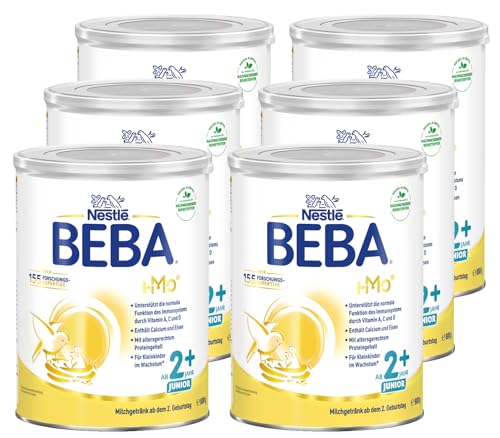 BEBA Junior 2+ Milchgetränk ab dem 2. Geburtstag, Mit HMO, Altersgerecht angepasster Proteingehalt, Nur Laktose, Ohne Palmöl, Ohne Fischöl, Kleinkindnahrung, Baby-Milchpulver, 6er Pack (6 x 800g)