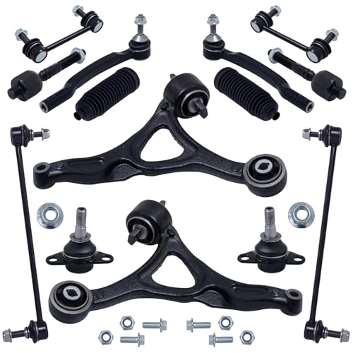 TUCAREST 14Pcs Suspension Kit Fit For 2003-2014 Vo-lvo XC90, 2 Front Lower Control Arm +2 Ball joint +4 Outer Inner Tie Rod +4 Sway Bar +2 Boots [# K640446 K80501 EV800043 ES800857 K500153 K80425]