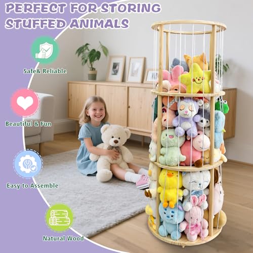 Rotatable Stuffed Animal Storage Zoo Tower, 51" Tall Wooden Plush Toy Organizer (19" x 19" Base) with Elastic Cords, Large Capacity Toy Bin for Dolls and Soft Toys, Nursery Decor for Boys & Girls by Eeutiwe - Image 3