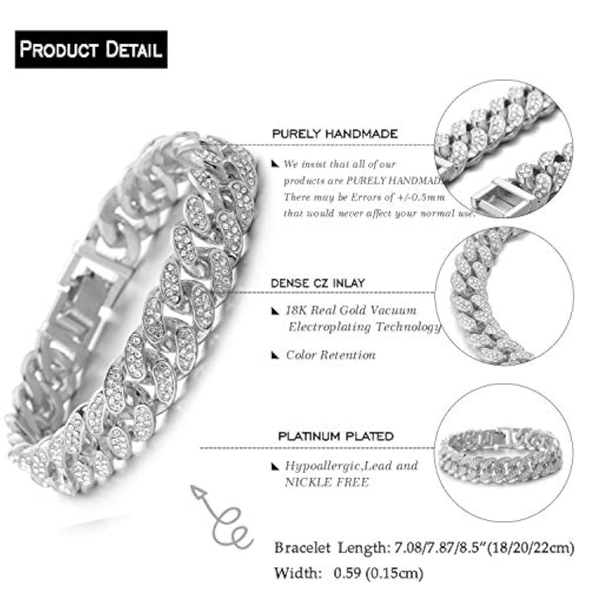 Gold Chain for Men, Platinum Plated Diamond Set Miami Cuban Chain Bracelet