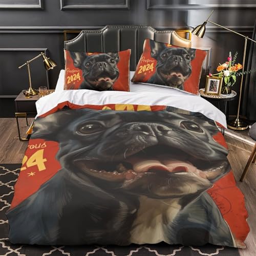 Housse de couette Bouledogue Français microfibre fermeture éclair 3D