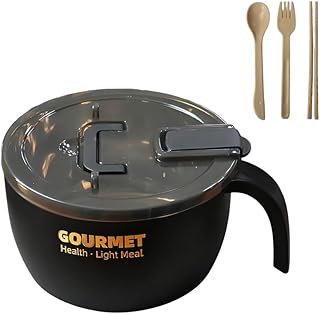 45 oz Ramen Noodle Bowl with Lid and Handle, BPA-Free Instant Noodle Soup Bowl, Large Plastic Serving Bowl for Hot Water Preparation, Not for Microwave Use, Black