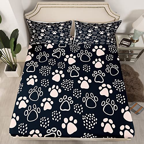 Kids Dog Paw Print Sheet Full Size,Paw Graffiti Kawaii Bedding Set For Teens Girls Boys,Human Friends Cute Pet Theme Cartoon Bed Sheet Set 4Pcs (Deep Pocket Fitted Sheet + Flat Sheet + 2 Pillowcases) #TOP1