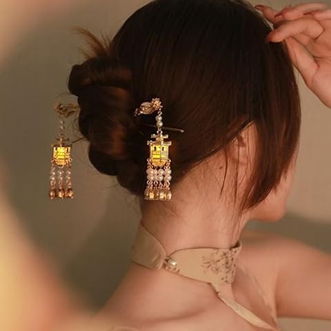 Comimark 2 PCS Ancient Style Hairpin Hair Clips Chinese Lantern Lotus Flower Tassel Headpieces For Women Girls, Ponytail Updo Bun For Thin Thick Hair Cover