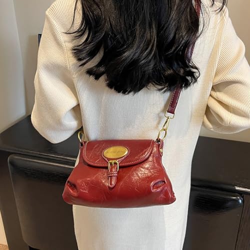 Women's Retro Shell Crossbody Bag, Oil Wax Leather/Checkered Pattern Shoulder Purse, Vintage Bucket Satchel Bag for Commute4