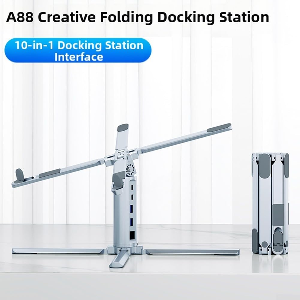 Docking station con hub USB C a 10 porte con supporto per computer portatile, base girevole a 360°, supporto per doppio monitor, porta Ethernet, trasferimento dati ad alta velocità, per ufficio e casa