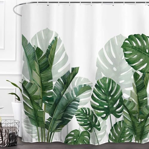 Baccessor Tropical Green Plant Shower Curtain Waterproof Washable Fabric Summer Bathroom Decor Botanical Banana Monstera Leaf Palm Tree Shower Curtain with Hooks 72 W x72 H Inch
