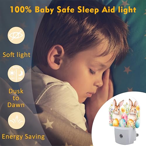 Image of Easter Bunnies and Eggs Night Light for Kids,Cute Easter Rabbit and Flowers Plug in Night Light with Dusk to Dawn Sensor, 0.5w Energy Saving Nightlight for Hallway Stairway Kitchen Bedroom