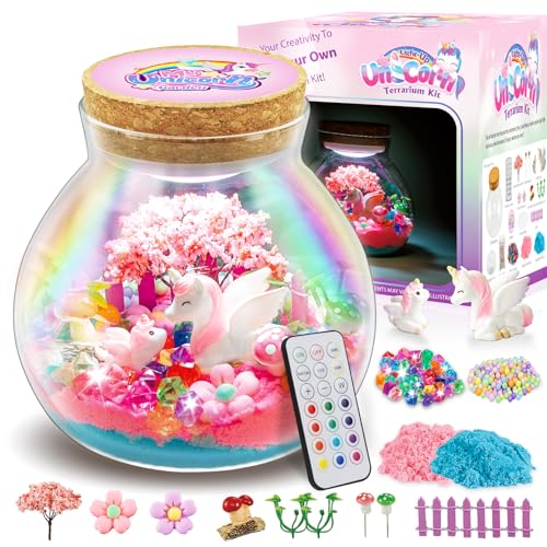 Unicorn Terrarium Crafts Kit for Girls - Make Your OWN Unicorn Night Light with 16 Modes LED Remote Control Birthday Gifts Creativity DIY Toys for Ages 3 4 5 6 7 8 9 10 3-5 4-6 5-7 6-8 Year Old Kids