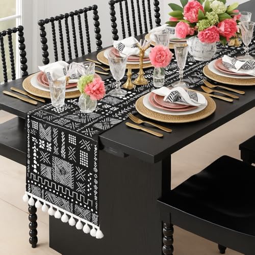 Throw Pillow Black Tribal Boho Table Runner 13x72 Inches - Tassel Mud Cloth for Dining, Coffee Table, TV Unit, Console & Dresser, Artoid Mode, Unite Stone, Solino Home, Chardin Home
