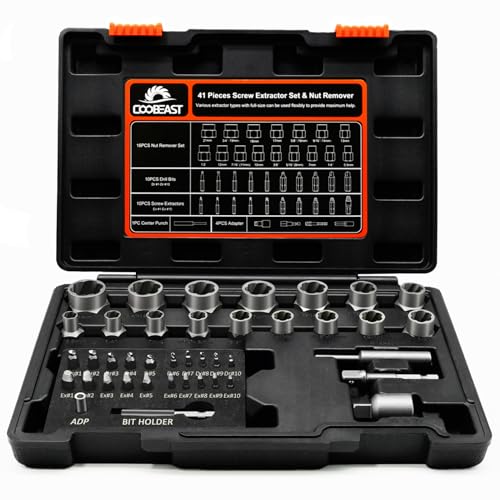 Coobeast 41Pcs Bolt Extractor Kit and Small Screw Extractor Set, Ez Out Bolt Extractor Tool with 5Pcs Compatible Adapter for Stripped Screw, Broken Nut and Damaged Bolt Remove