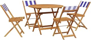 Juego de comedor de jardín, 5 unidades, color azul y blanco, tela y madera maciza