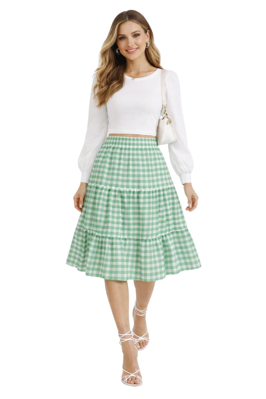 Women's Gingham Check Tiered Midi Skirt, Cotton Blend, Elastic Waist, 27 Inch Length, Multiple Colors Available-picture-35