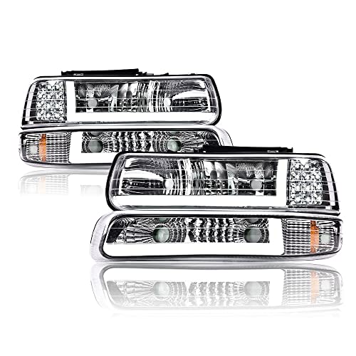 CNNELL Headlight Assembly Compatible with Chevy Silverado 1999-2002 1500 2500/2001-2002 Chevy Silverado 1500HD 2500HD 3500/2000-2006 Tahoe (LED DRL Clear lens Chrome Housing Amber Reflector )