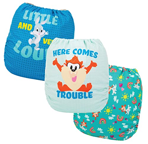 Image of Simple Being Reusable Baby Cloth Diapers Adjustable Size, Double Gusset, Waterproof Cover, 3 Pack with 3 Inserts Looney Tunes (Baby Buddies)