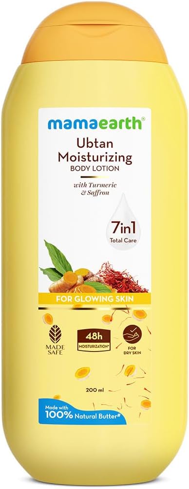 Mamaearth Ubtan Moisturizing Body Lotion with Turmeric & Saffron for Glowing Skin 200 ml | 48H Moisturization | Nourishes Dry Skin | 7in1 Total Care | 100% Natural Butter | Non-Greasy Smooth Skin