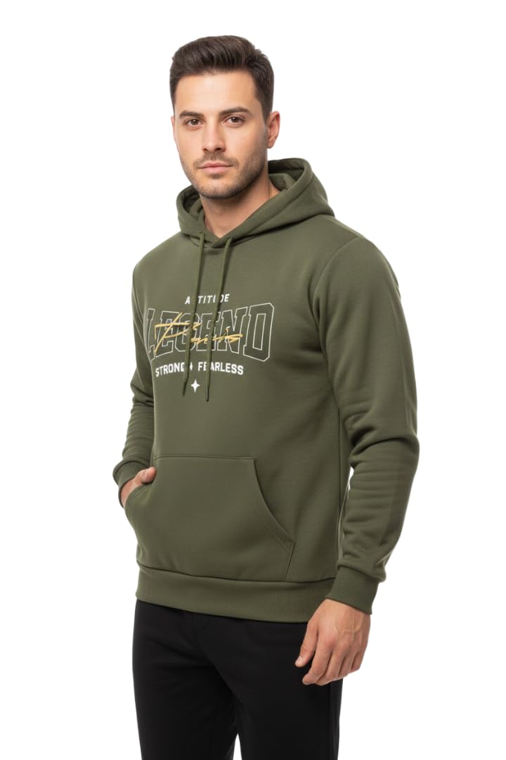 Men's Hooded Sweatshirt with Minimal Print | Kangaroo Pocket & Drawstring |Casual Winter Wear | Hoodie (SS25GF050-MH-2-Olive- L)