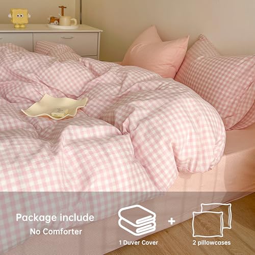 Image of BOLINLIVING Gingham Duvet Cover King Size, 3PCS Pink White Checkered Plaid Duvet Cover Set, Microfiber Bedding Set for All Season with Zipper Closure and Corner Ties
