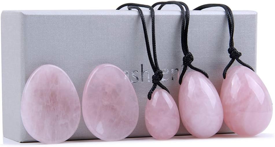 Banshren 5 Piece Rose Quartz Healing Crystals Set, 3 Rose Crystal Quartz Drilled Eggs in Graduated Sizes for Kegel Exercise or Vaginal Training (Small, Medium, Large) & 2 Worry Stones for Meditation