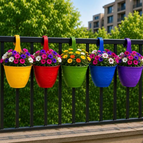 Image of Go Hooked Hanging Planter Pots for Balcony Railing Pack of 5 | Small Plastic Victor Hook Flower Pots for Fence, Grill & Balcony (Multicolor, 16.5x9x19 cm) | Decorative Planters for Home Garden Decor